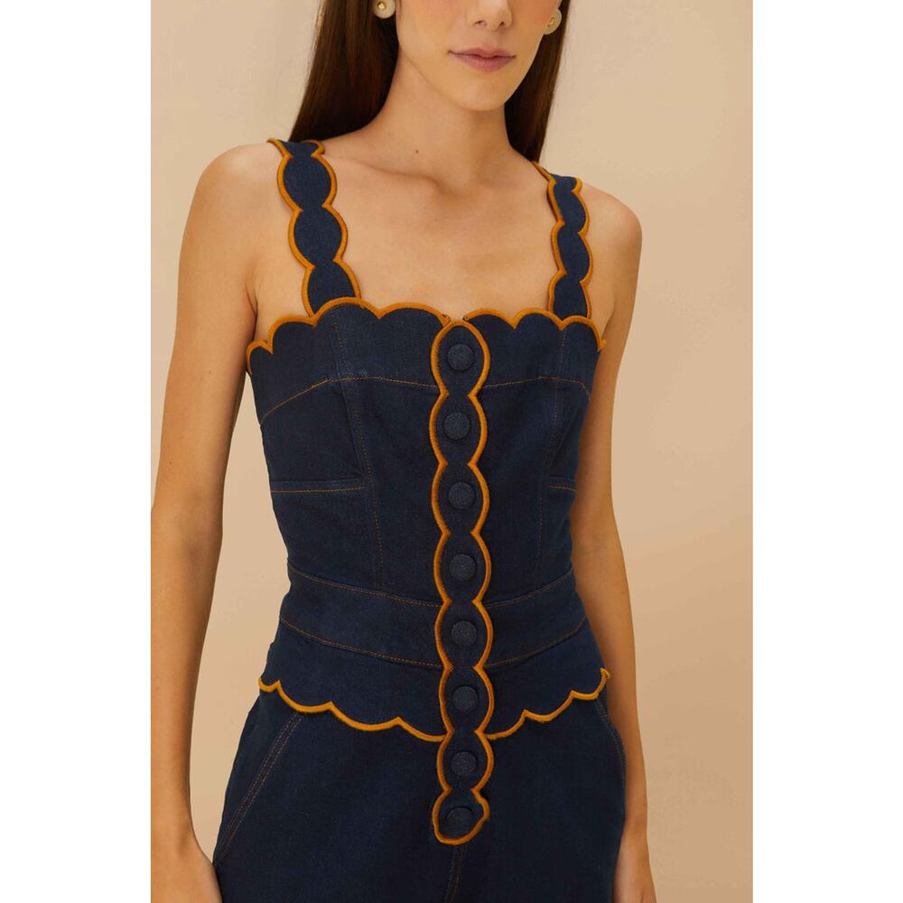 NWT FARM Rio Denim Cloud Scalloped Cutout Flare Jumpsuit Blue Dark Blue Womens L - Picture 2 of 10